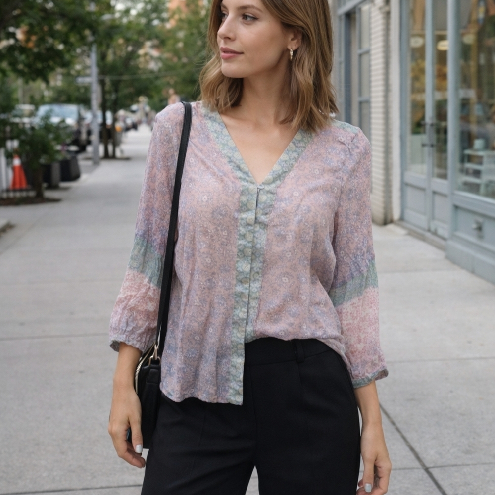 Gypsy 05 100% Silk Semi-Sheer Boho Blouse | V-Neck Lightweight Sheer Top